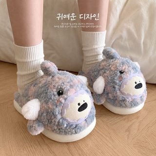 새로운 멍청한 털털 슬리퍼 여성 컬러 상어 면 슬리퍼 만화 가을 겨울 두꺼