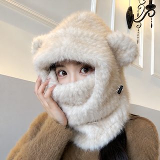 小熊耳朵帽子围脖口罩一体帽女冬季加厚毛绒帽骑车防风保暖护耳帽