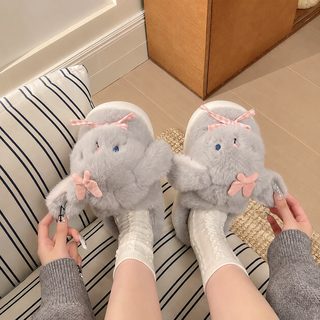 귀여운 캐릭터 체크 토끼 솜 슬리퍼 여성 겨울 두꺼운 바닥 미끄럼 방지 기