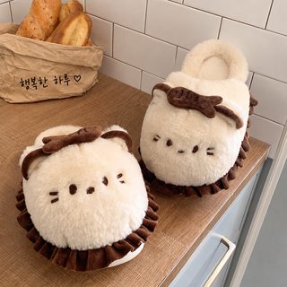 여성용 겨울 고양이 캐릭터 인조모 실내 슬리퍼 EVA 미끄럼 방지 보온 털 슬