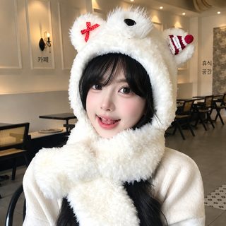귀여운 곰돌이 모자 목도리 일체형 여자 겨울 신상 모직 두께 보온 뇌봉모