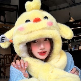 말랑말랑한 노란 닭 털모자 여성용 겨울 이합일 보온 목도리에 털귀보호모