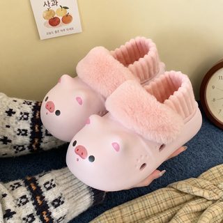 여성 강아지 돼지 캐릭터 동굴형 기모 방한 EVA 키높이 미끄럼 방지 털 슬리