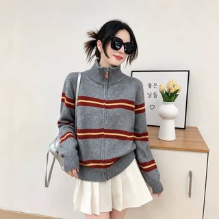 2026新款美式复古条纹翻领拉链毛衣女 宽松百搭针织开衫多色女装