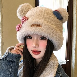 여성용 귀여운 곰돌이 귀 Kitty 리본 니트 비니 가을 겨울 두꺼운 방한 보온
