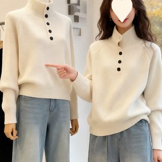 부드러운 스웨터 여성 터틀넥 단추 니트 나른한 바람 오버핏 스웨터 감령