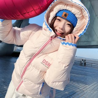 여성 핑크 조개 자수 후드 패딩 점퍼 겨울 루즈핏 두꺼운 보온 숏패딩
