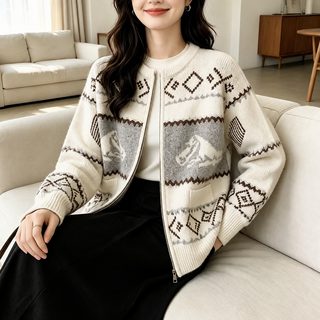 페어 아일랜드 자카드 니트 카디건 여성 라운드 단추 두꺼운 스웨터 2026 가