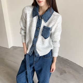 한국계 디자인 감각 가을 겨울 터틀넥 접합 데님 니트 카디건 박시한 패션 코트 상의 스웨터
