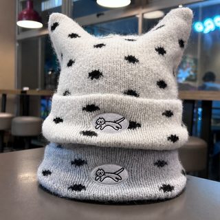 귀여운 고양이 귀 파점 자수 비니 여자 겨울 보온 달콤 백합 털실 모자 귀