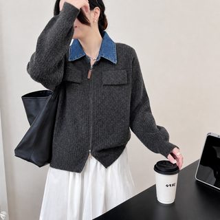 데님 배색 카라 페이크 레이어드 여성 니트 집업 가디건 가을 겨울 루즈핏