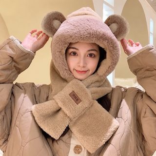 털곰 모자 목도리 일체형 모자녀 2025 신형 겨울 장갑 후드 목도리 라이딩 2종 세트