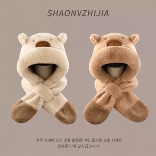 2025 신형 카피바라 어린이 모자 목도리 일체형 겨울 아기 귀 보호대 털모자