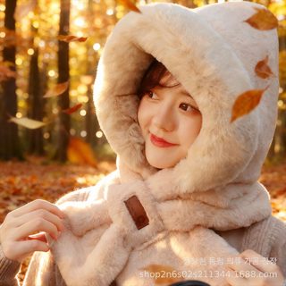 겨울 모직 모자 목도리 고용모치 신상 방풍 투인원 세트 보온 방한용 후드 일체형 목도리