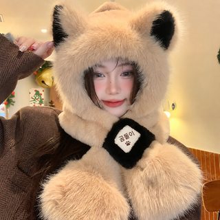 毛绒帽子围巾一体女冬季保暖防风护耳帽骑行雷锋帽帽子围巾二合一