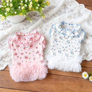 왕홍 같은 여름 신상 애완동물 공주 치마 고양이 옷 발레 인형 고양이 금점층 꽃무늬 부스스한 치마