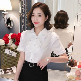 여성 프릴 반팔 블라우스 슬림핏 브이넥 퍼프소매 봄여름 오피스룩 셔츠