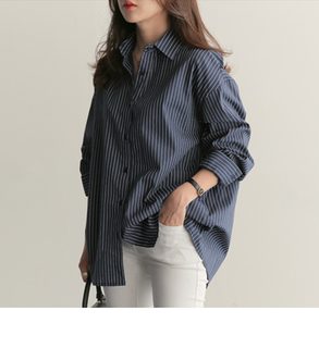 2026 가을 여성 루즈핏 세로 스트라이프 롱 셔츠 빅사이즈 긴팔 통근룩