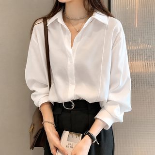 여성 봄가을 루즈핏 긴팔 셔츠 오피스룩 레이어드용 단색 카라 블라우스