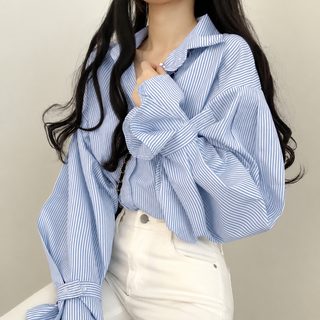 한국chic 프랑스식 소중추장 디자인감 가는 줄무늬 와이드 셔츠 여성 심플한