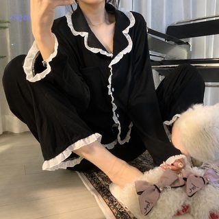2025 신상 잠옷 여성용 한국판 레이스 봄 여름 긴 소매 헐렁헐렁하고 귀여운 긴 소매 여성용 가정복 세트 도매