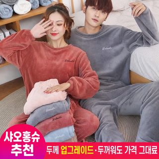 가을 겨울 커플 빅사이즈 잠옷 세트 남녀공용 플란넬 코랄 벨벳 방한 홈웨