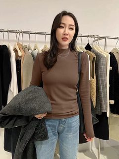 오우칭 여성 기모 반폴라 티셔츠 가을 겨울 도톰한 베이비벨벳 긴팔 슬림