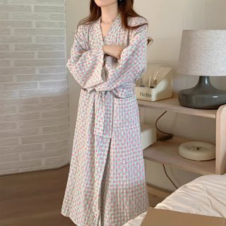 일본풍 여성 잠옷 가운 하트 체크 루즈핏 중장형 봄가을 홈웨어