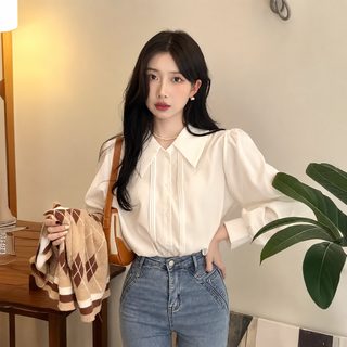 고급감 화이트 셔츠 여성 춘추 이너웨어 디자인감 소중 폴로 넥 긴팔 셔츠 개성 시폰 상의