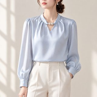 여성 비즈 장식 브이넥 긴팔 오피스 블라우스
