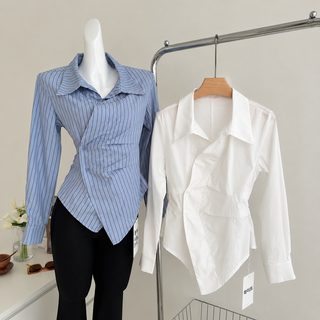 여성 폴로 카라 셔츠 긴팔 크롭 블라우스 출근룩 무지 스트라이프