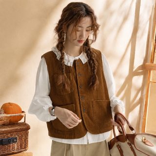 일본계 코듀로이 조끼녀 2026 춘추 신상 빈티지 민소매 상의 조끼 학생 겉옷 조끼 외투