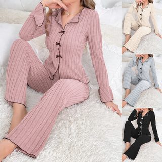 크로스보더 구미 가을 겨울 잠옷녀 기모 터틀넥 리본 패션 섹시 긴팔 긴바지 가정복 세트녀