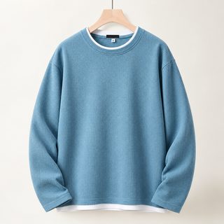 남성 와플 긴팔 티셔츠 라운드넥 배색 루즈핏 데일리 이너