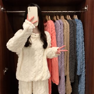코랄 벨벳 자카드 웜 세트 잠옷 가을 겨울 가모 가후 왕홍녀 커플 캐주얼 세트 가정복