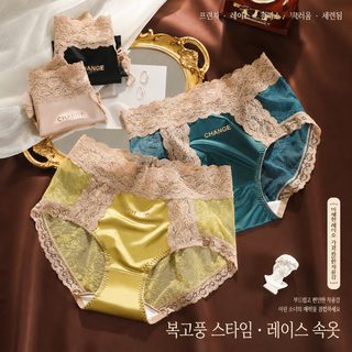 프랑스식 복고풍 광단면 중허리 팬티 여성 레이스 레이스 통기 실크 가랑이