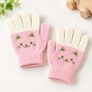 아동 가을 겨울 동물 캐릭터 배색 니트 보온 손가락 장갑