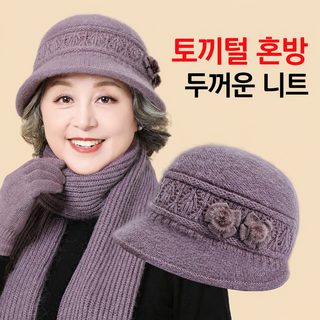 중장년 여성 겨울 니트 모자 방한 보온 꽃무늬 엄마 할머니 털모자 머플러