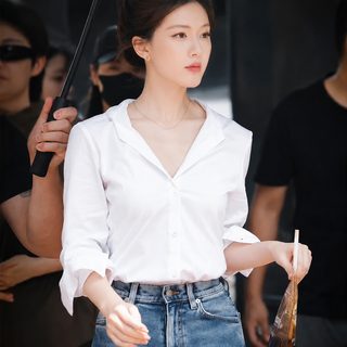 허나 눈부셔 허연 조루스 같은 흰색 v넥 긴팔 셔츠 여춘추 신상 프랑스식 셔츠