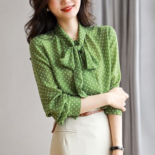봄 가을 신상 셔츠 여자 녹색 웨이브 셔츠 칼라 끈 긴팔 캐주얼 카디건 얇은 상의녀