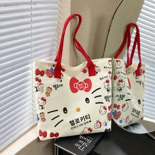 만화 케이티 고양이 날염 캔버스 가방 귀여운 키티 쇼핑백 대용량 학생 수업 핸드백