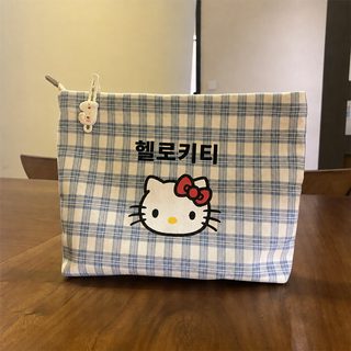 뉴 블루 체크 키티 고양이 클러치 용모치 여행 백합 대용량 캔버스 파우치 수납팩