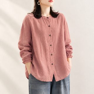 여성 빈티지 코튼 리넨 루즈핏 라운드넥 긴팔 셔츠