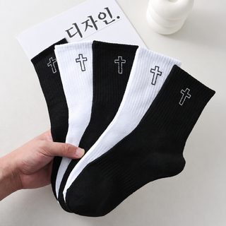양말 남성 중통 양말 춘추 십자가 심플 백벌 여성 스타킹 크로스보더 히트