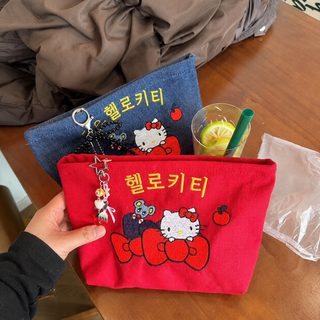 데님 캔버스 키티 클러치 대용량 휴대용 수납 고용모치 파우치 귀여운 캐릭터 파우치