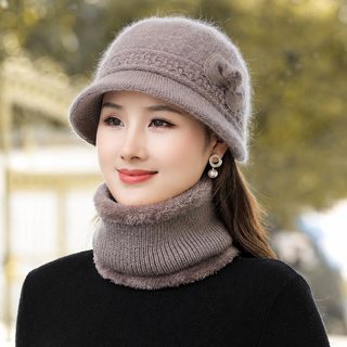 여성 겨울 니트 비니 기모 보온 방풍 중년 할머니 꽃 리본 모자