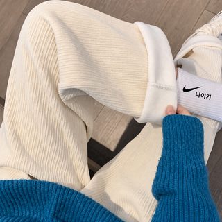 여성 겨울 기모 셔닐 코듀로이 크림 팬츠 고웨이스트 와이드 일자 롱바지