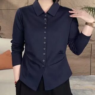 2025 봄 여성 루즈핏 단색 긴팔 카디건 폴로넥 허리 셔링 6버튼 빅사이즈 레