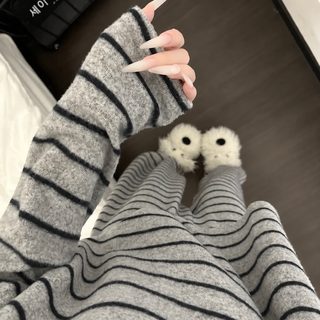 韩系简约灰色条纹德绒睡衣女秋冬季新款保暖宽松可外穿家居服套装