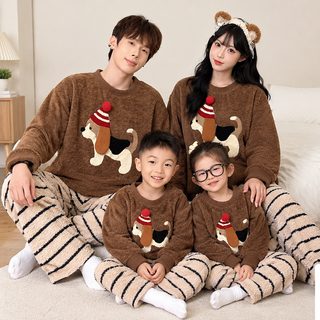 친자 잠옷 일가족 3명 4명 2025 신상 반쪽 융 가을과 겨울 시즌 양면 융 두꺼